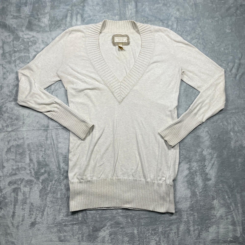 VTG 90's American Eagle Womens V Neck Long Sleeve Sweater Knit Beige Ribbed XL